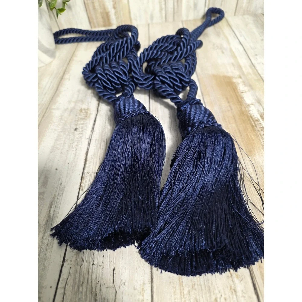 Navy Blue Braided Rope Curtain Tiebacks Pair with Large Tassels and Knots